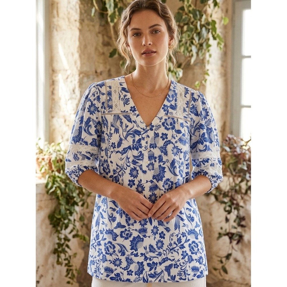 Pinch Tunic Top Women Size S Floral Bird Print Blue White Cotton Lace Boho 4520D